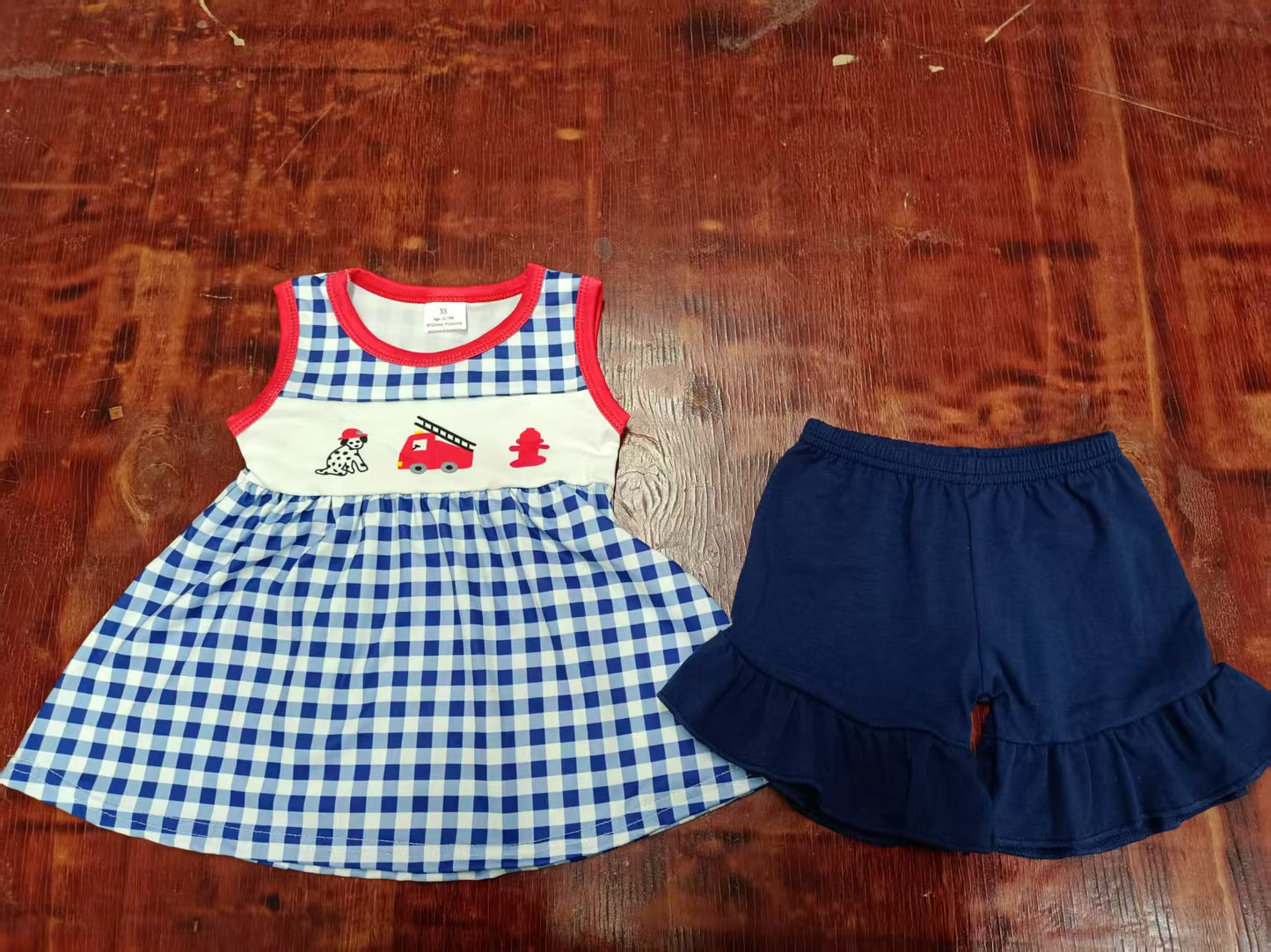 Preorder moq 5 Baby Girls Sleeveless Line Men Blue Plaid Tunic Ruffle Short Sets