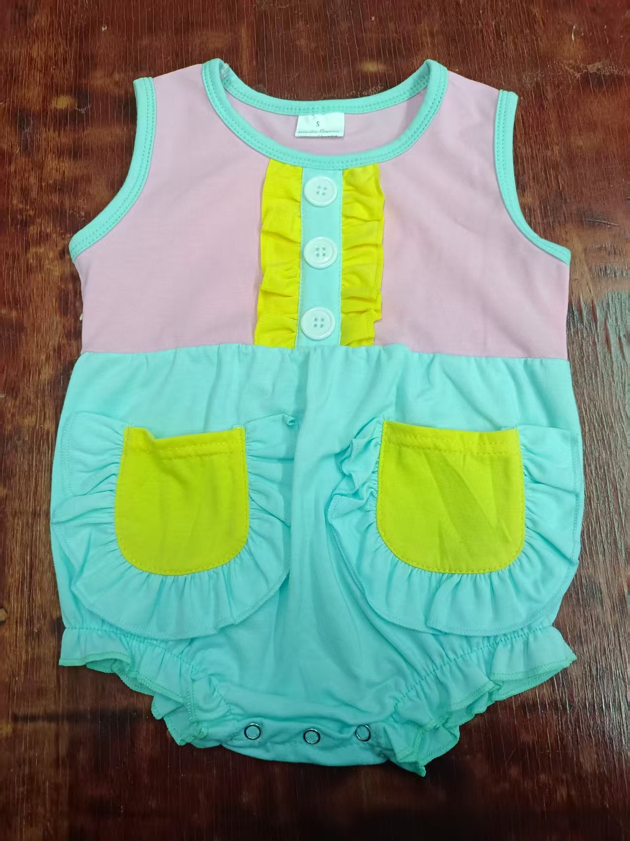 Preorder moq 5 Baby Girls Aqua Sleeveless Button Pockets Patchwork Ruffle Rompers
