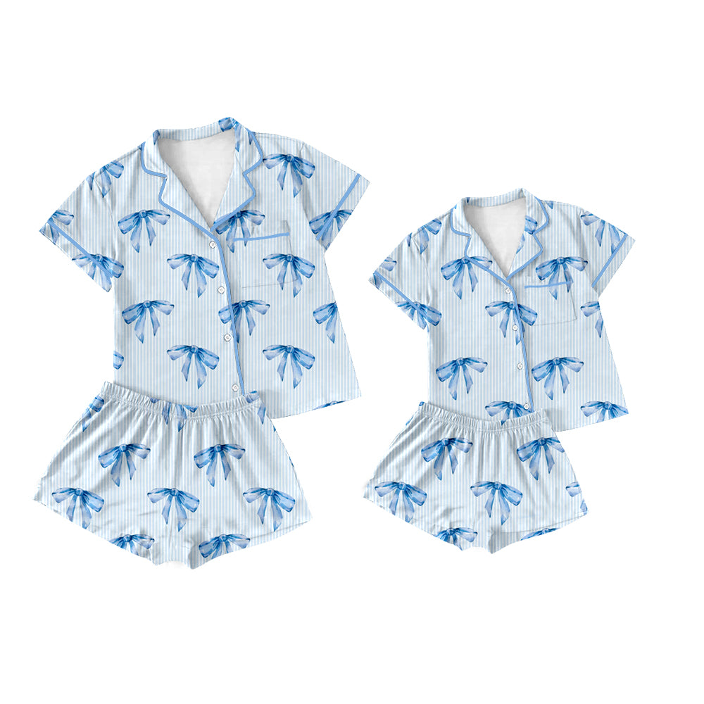 Preorder moq 5 Custom Mama And Me Blue Stripe Bows Button Pocket Top Short Pajamas Set