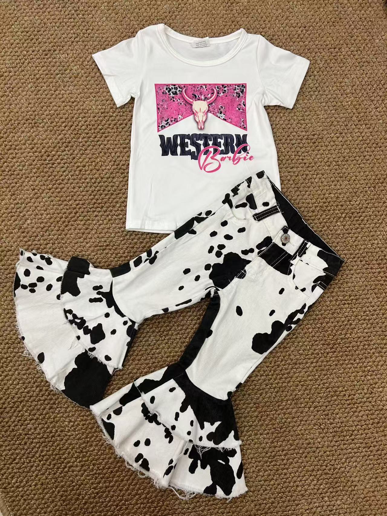 Baby Girls Western Doll Shirt Cow Hide Bell Denim Pants Clothes Sets