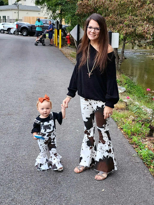 Mommy and Me Adult Baby Girls Western Cow Print Denim Bell Flare Pants Jeans