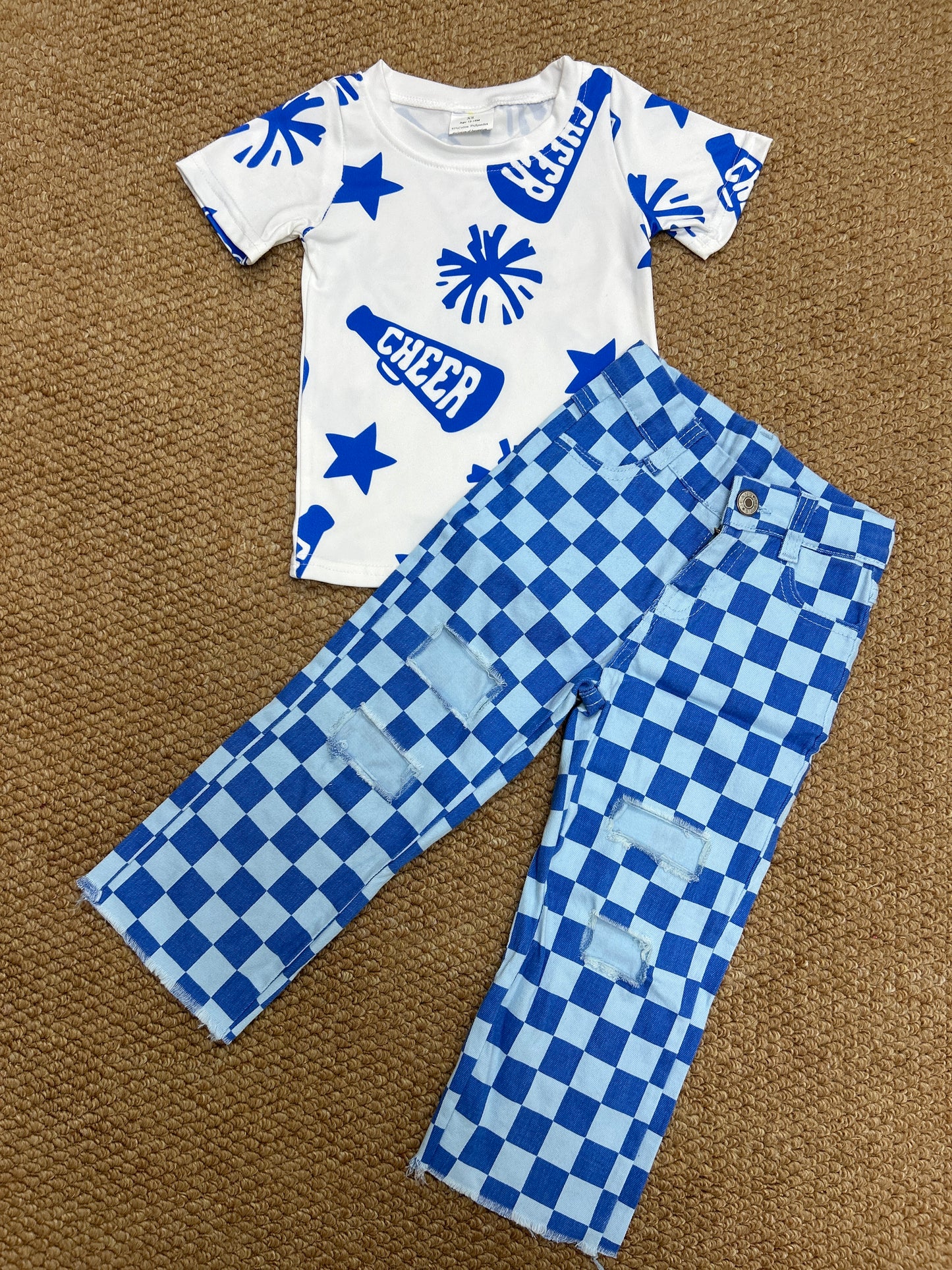 Baby Kids Cheer Blue Shirt Checkered Denim Pants Clothes Sets