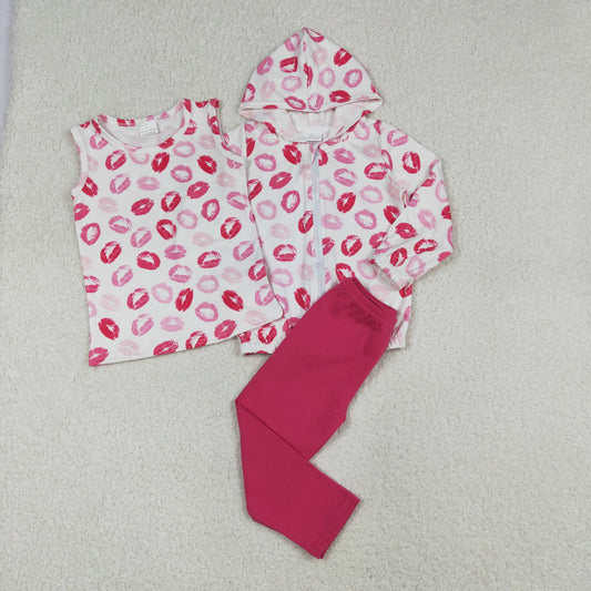 Baby Girls Red Mouths Plaid Vest Zip Cardigan Hoodies Leggings 3 Pcs Valentines Clothes Sets