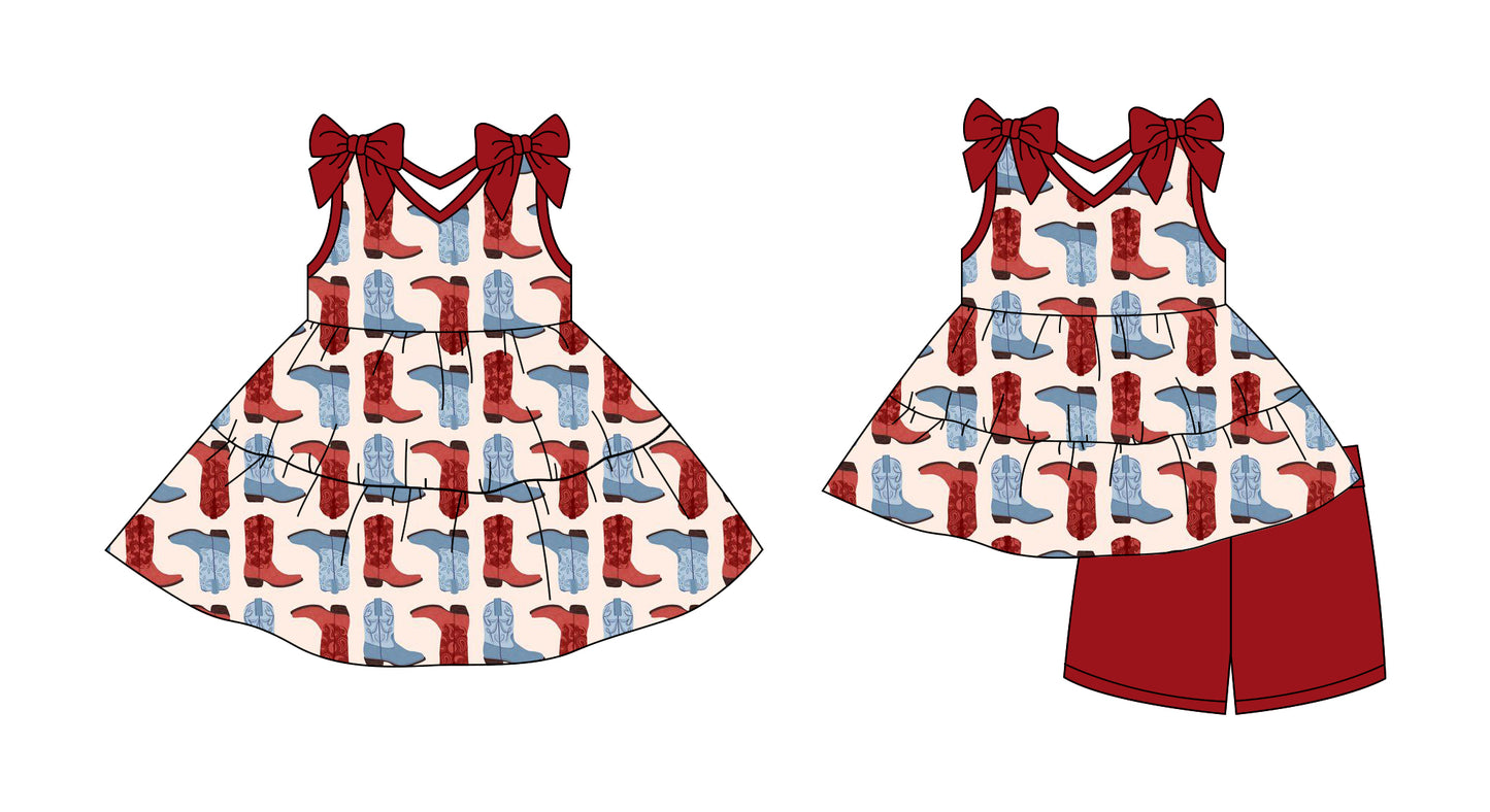 Preorder moq 5 Custom Baby Girls Red Colorful Boots Tunic Short Set Knee Length Dresses
