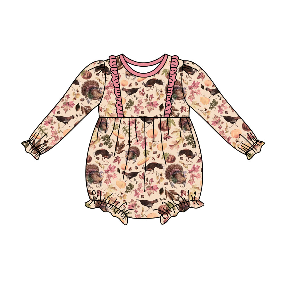Baby Girls Thanksgiving Turkey Pink Long Sleeve Rompers Preorder(moq 5)