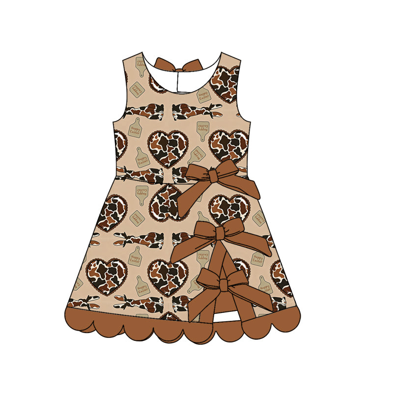 Preorder (moq 5)Baby Girls Cow Print Hearts Rabbits Easter Short Scallop Knee Length Dress