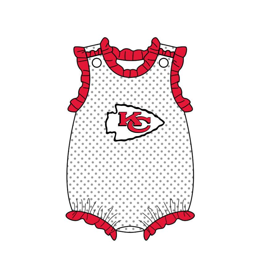 Preorder (moq 5)Baby Girls Sleeveless Kansas City Chiefs Team Polka Dots Ruffle Rompers