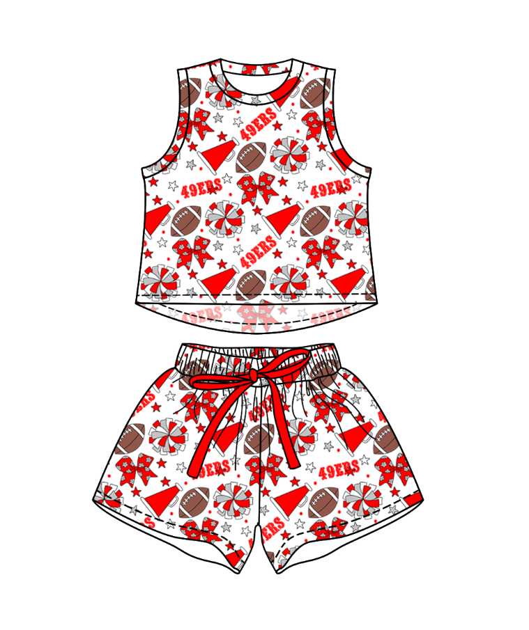Preorder (moq 5)Baby Girls Sleeveless Footballs Bows Top Short Team Clothes Sets