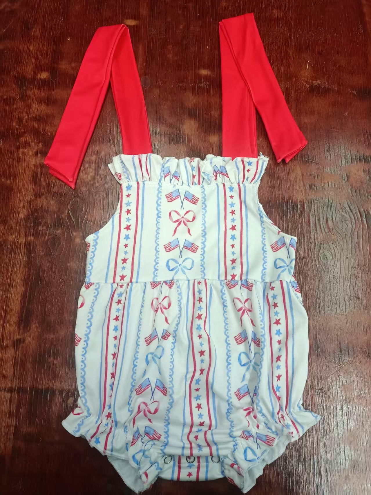 Preorder moq 5 Baby Girls Red Strap Blue Red Flags Bows Stripe 4th Of July Ruffle Rompers