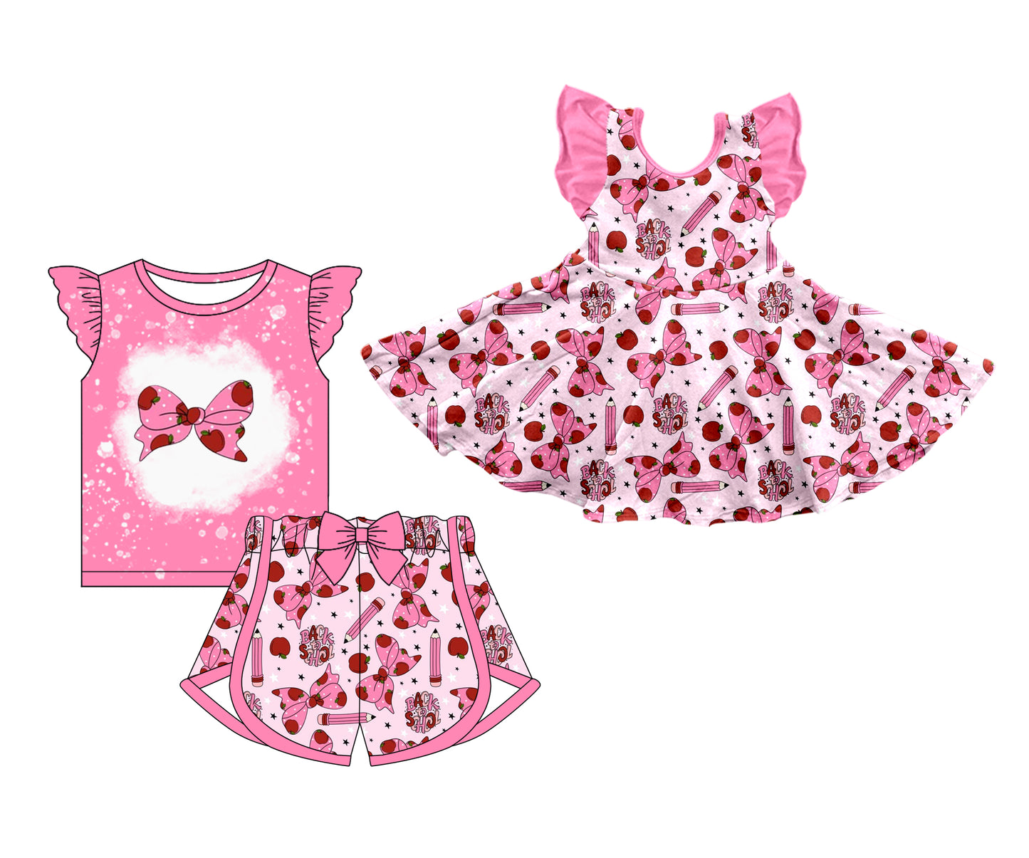 Preorder(moq 5 each)Sibling Baby Girls Back To School Bow Pink Dress Clothes Sets