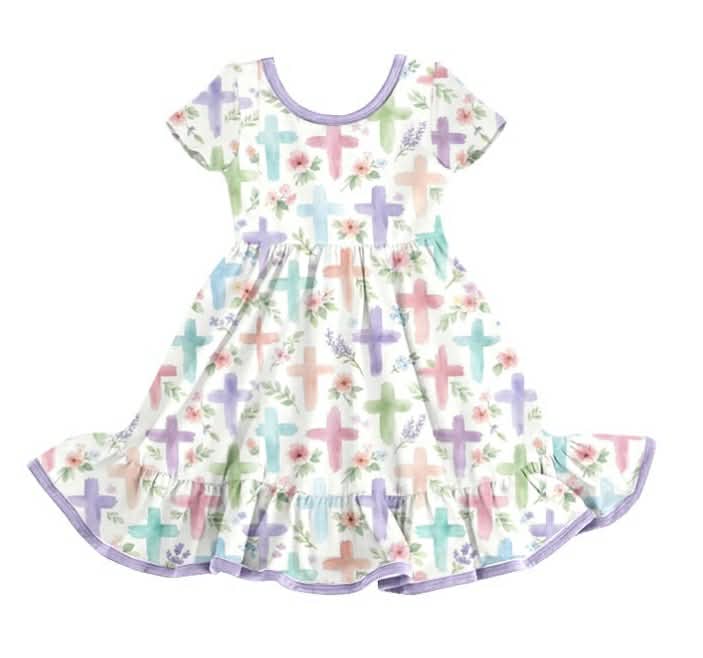 Preorder moq 5 Baby Girls Cross Flowers Short Sleeve Knee Length Dresses