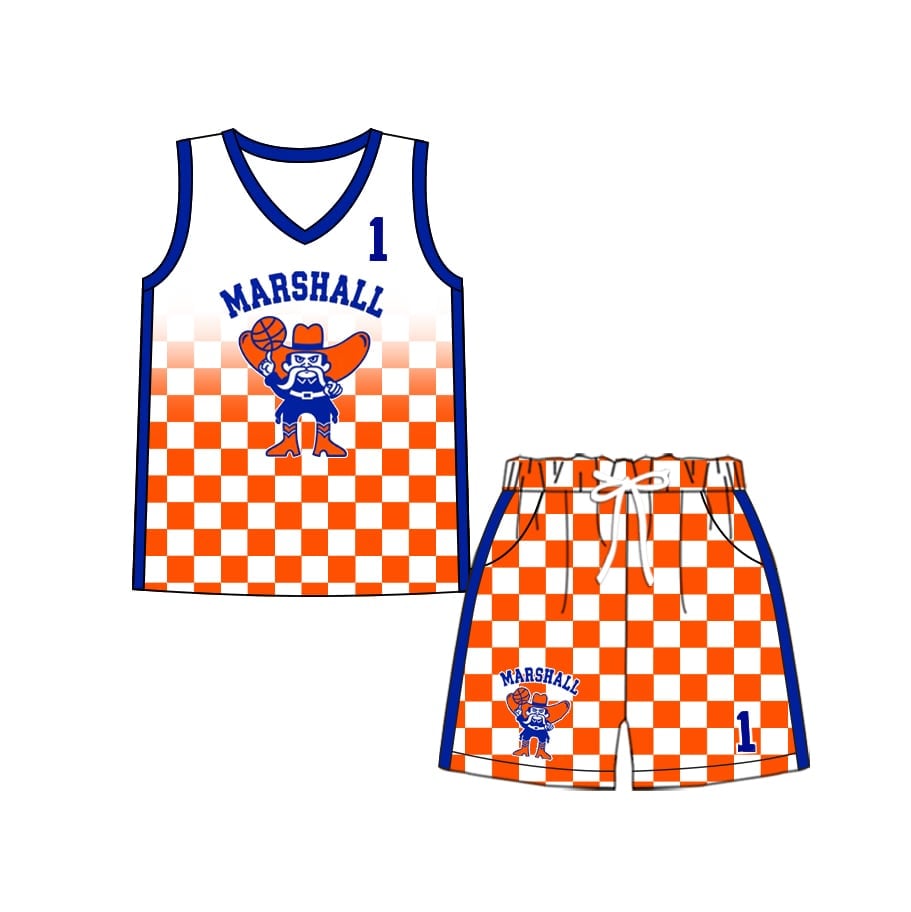 Preorder (moq 5)Baby Boys Milk silk Marshall Basketball Team Shirt Shorts Sets