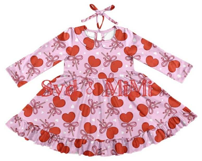 Preorder (moq 5)Baby Girls Red Hearts Valentines Tie Knee Length Dresses