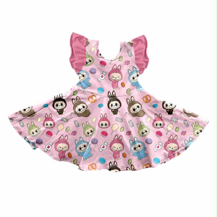 Preorder (moq 5)Baby Girls Pink Rabbit Flutter Sleeve Twirl Knee Length Dresses