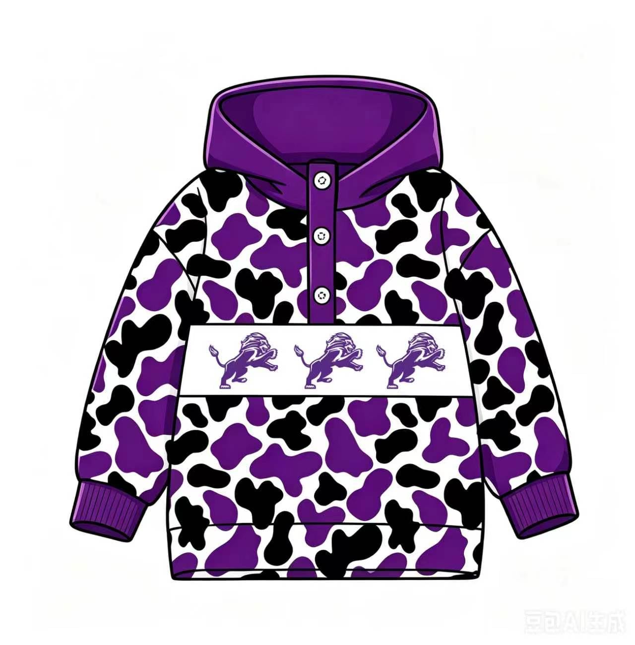 Preorder(moq 5)Baby Boys Purple Camo Lion Team Button Hoodies Top