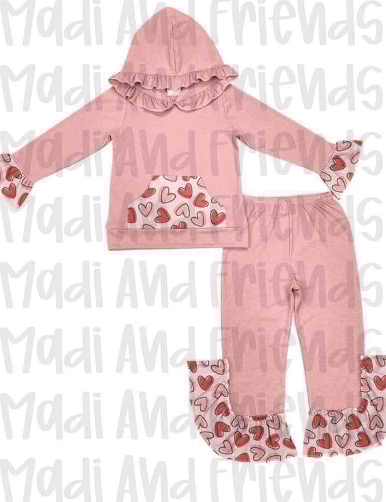 Baby Girls Valentines Pink Hearts Hooded Top Bell Pants Kids Clothing Sets preorder(MOQ 5)