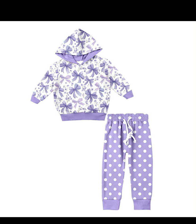 Preorder (moq 5)Baby Girls Lavender Bows Hooded Top Pants Clothes Sets