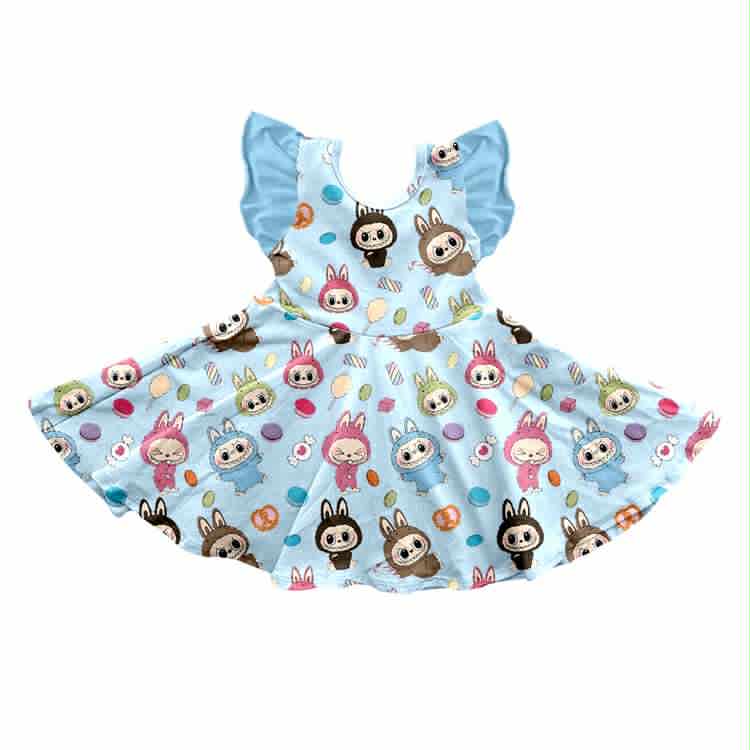 Preorder (moq 5)Baby Girls Blue Rabbit Flutter Sleeve Twirl Knee Length Dresses