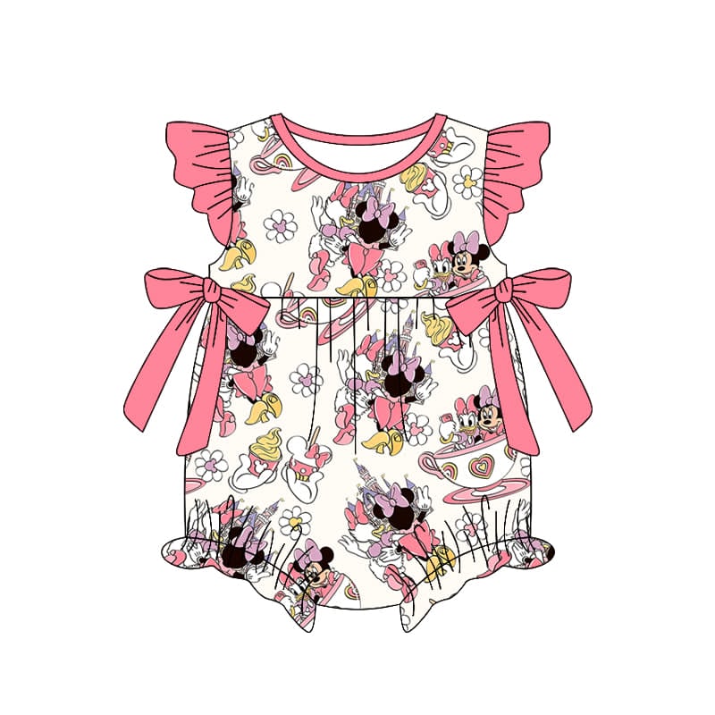 preorder(moq 5) Baby Girls Dark Pink Bows Cartoon Mouse Bubble Rompers
