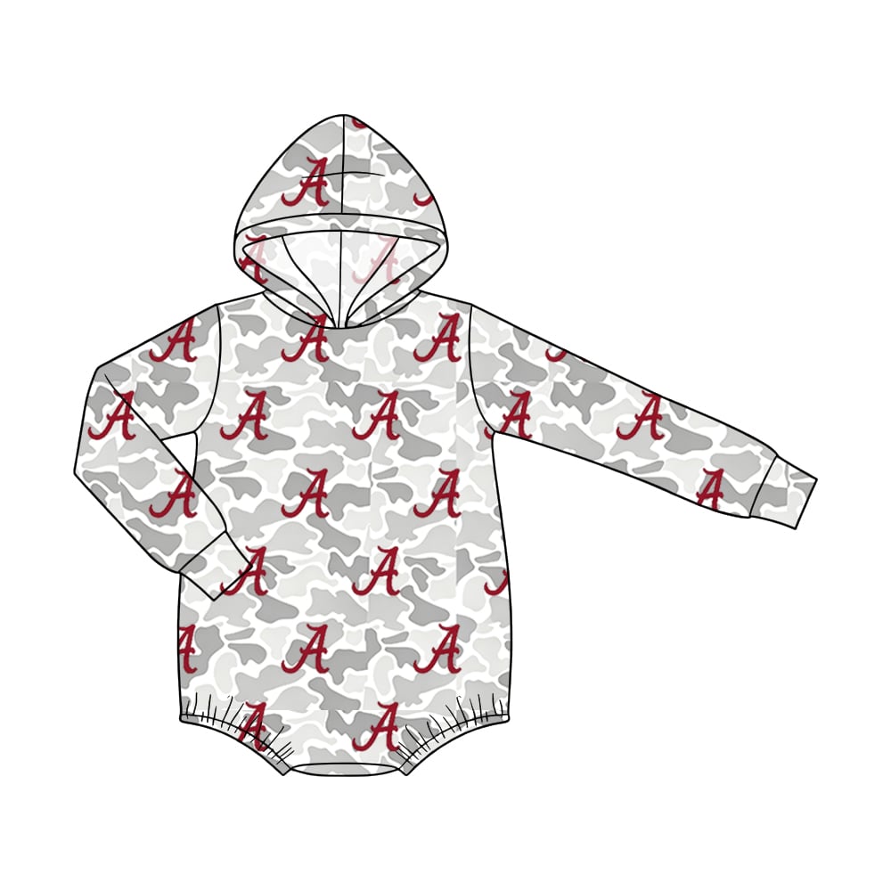 Preorder (moq 5)Baby Boys Long Sleeve Grey Camo Alabama Hoodie Rompers