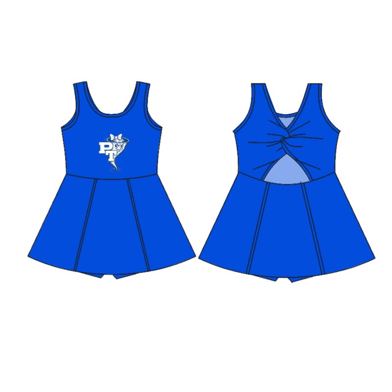 Preorder (moq 5)Baby Girls Sleeveless Blue PT Bow Team Knee Length Dress