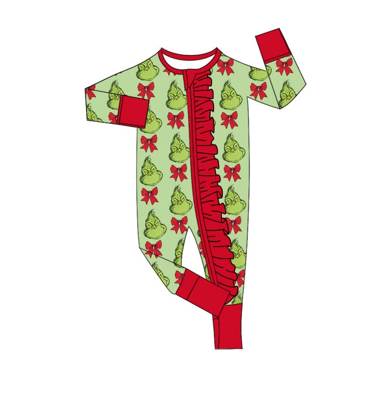 Preorder(moq 8)Baby Girls Christmas Grin Bows Zipper Footie Rompers