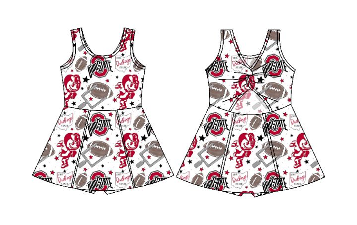 Preorder (moq 5)Baby Girls Sleeveless Red Bows Ohio Shorts Team Knee Length Dresses