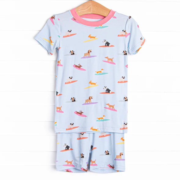 Preorder moq 5 Baby Girls Pink Short Sleeves Dogs Skiing Top Short Pajamas Set