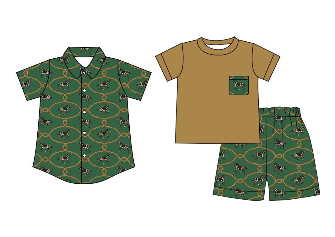 Preorder moq 5 Custom Baby Boys Dark Green Button Horses Shirts Pocket Top Short Set