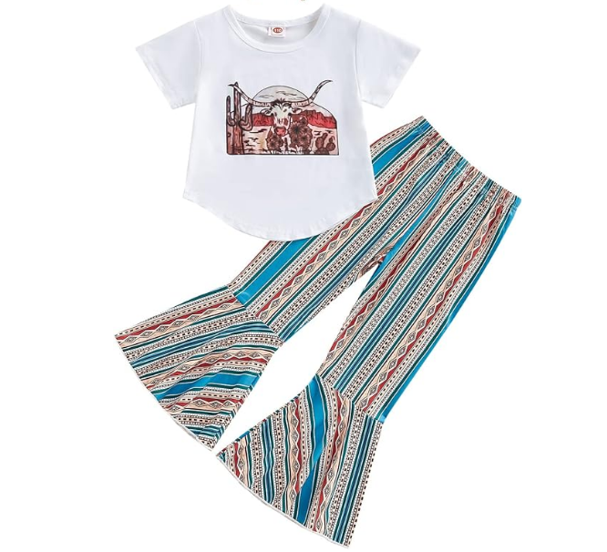 Baby Girls Western Cow Top Aztec Bell Pants Clothes Sets preorder (moq 5)