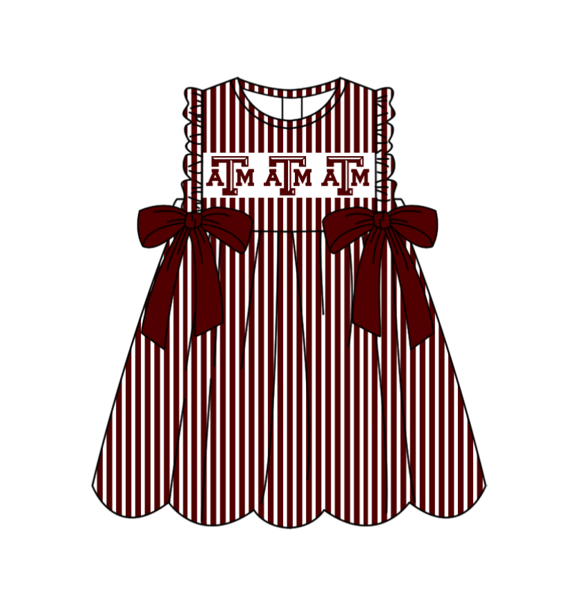 Preorder (moq 5)Baby Girls Sleeveless Dark Red Stripe ATM Bows Team Knee Length Dresses