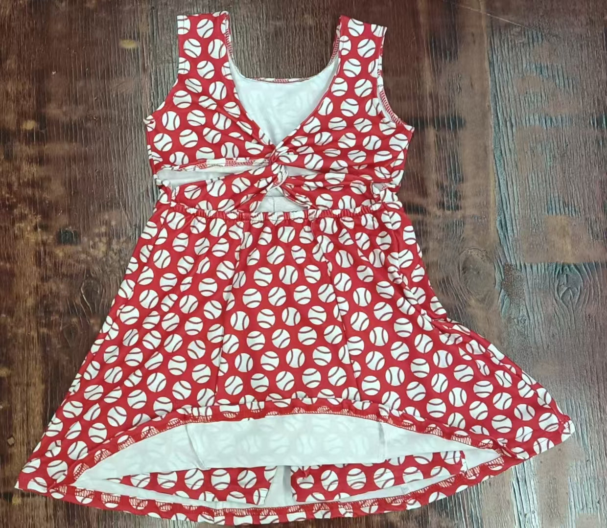 Preorder moq 5 Baby Girls Sleeveless Red Baseballs Skorts Knee Length Dress