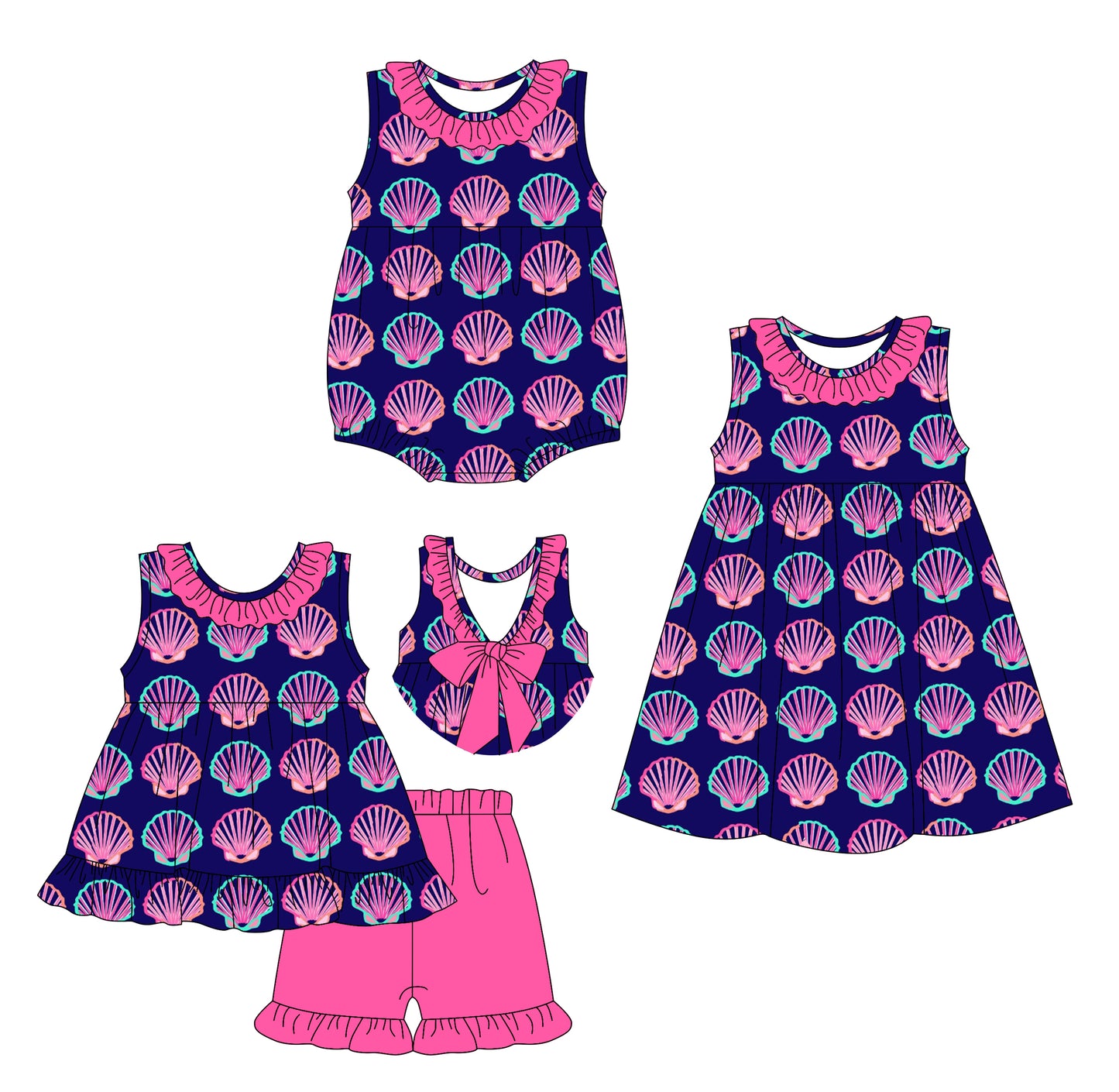 Preorder moq 5 Custom Baby Girls Purple Sleeveless Shell Plaid Tunic Ruffle Short Set Knee Length Dress Rompers