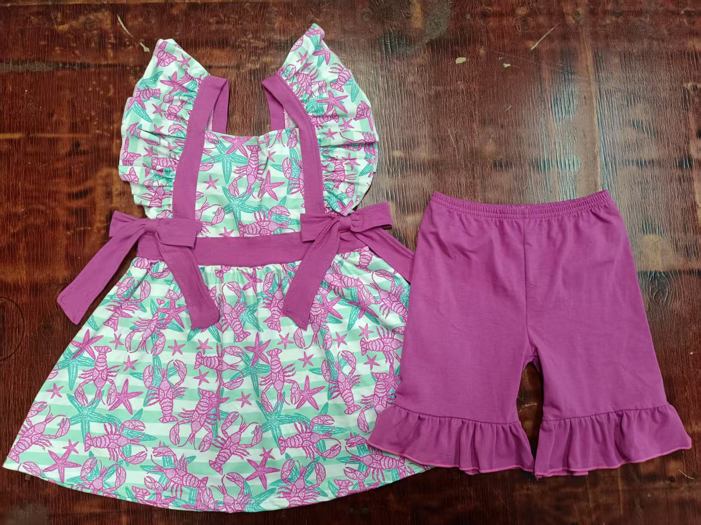 Preorder moq 5 Baby Girls Lavender Flutter Sleeves Sea World Bows Tunic Ruffle Short Set