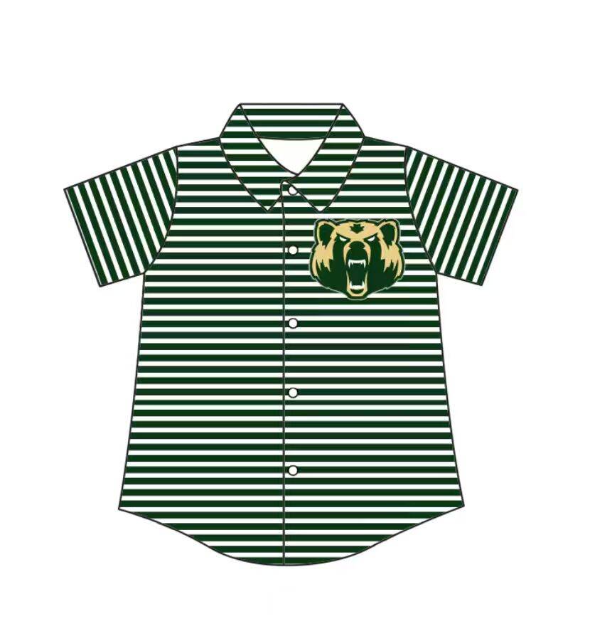 Preorder (moq 5)Baby Boys Green Stripe Bears Team Button Shirt Top