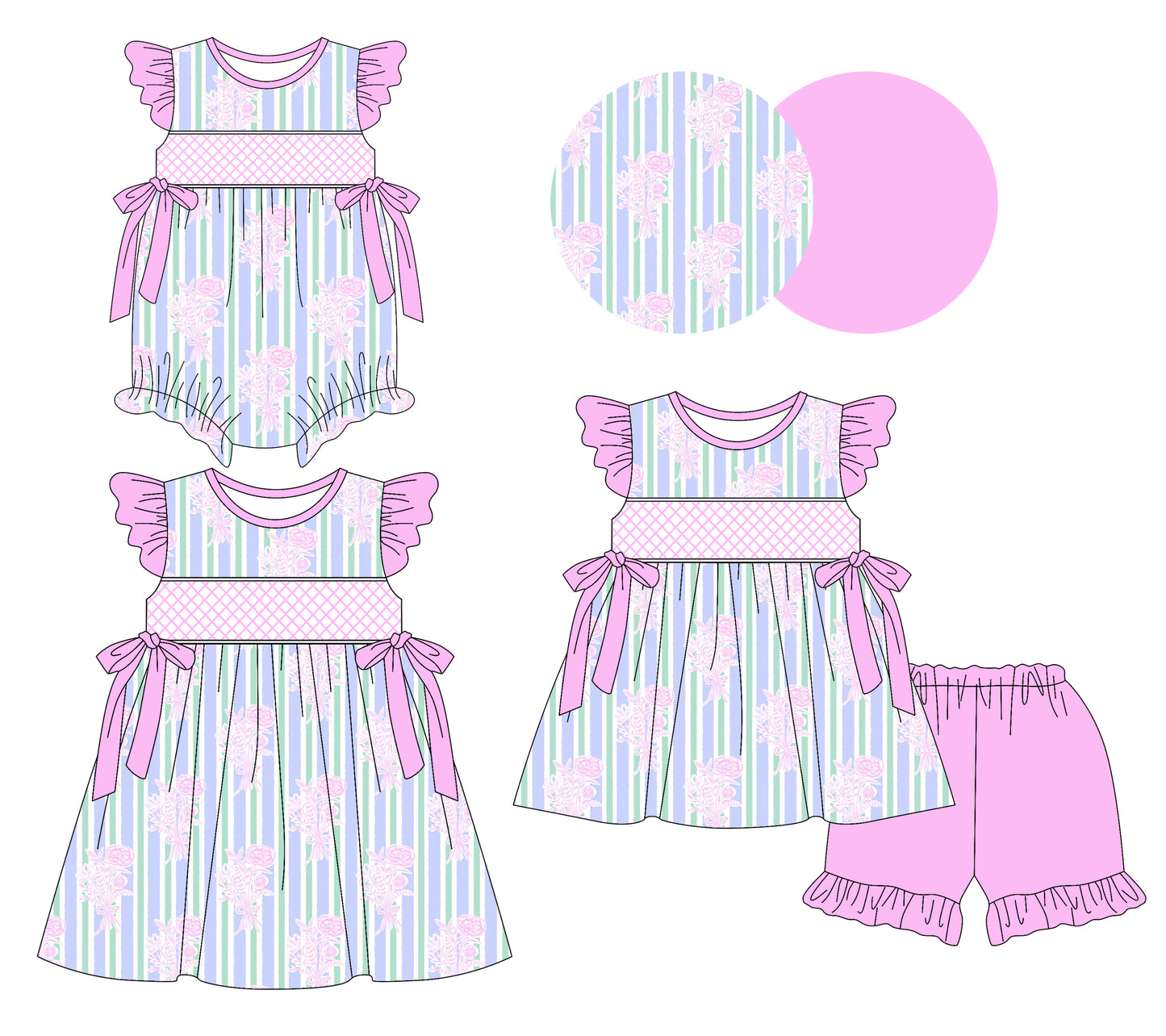 Preorder moq 5 Custom Baby Girls Lavender Floral Tunic Ruffle Short Set Knee Length Dress And Rompers