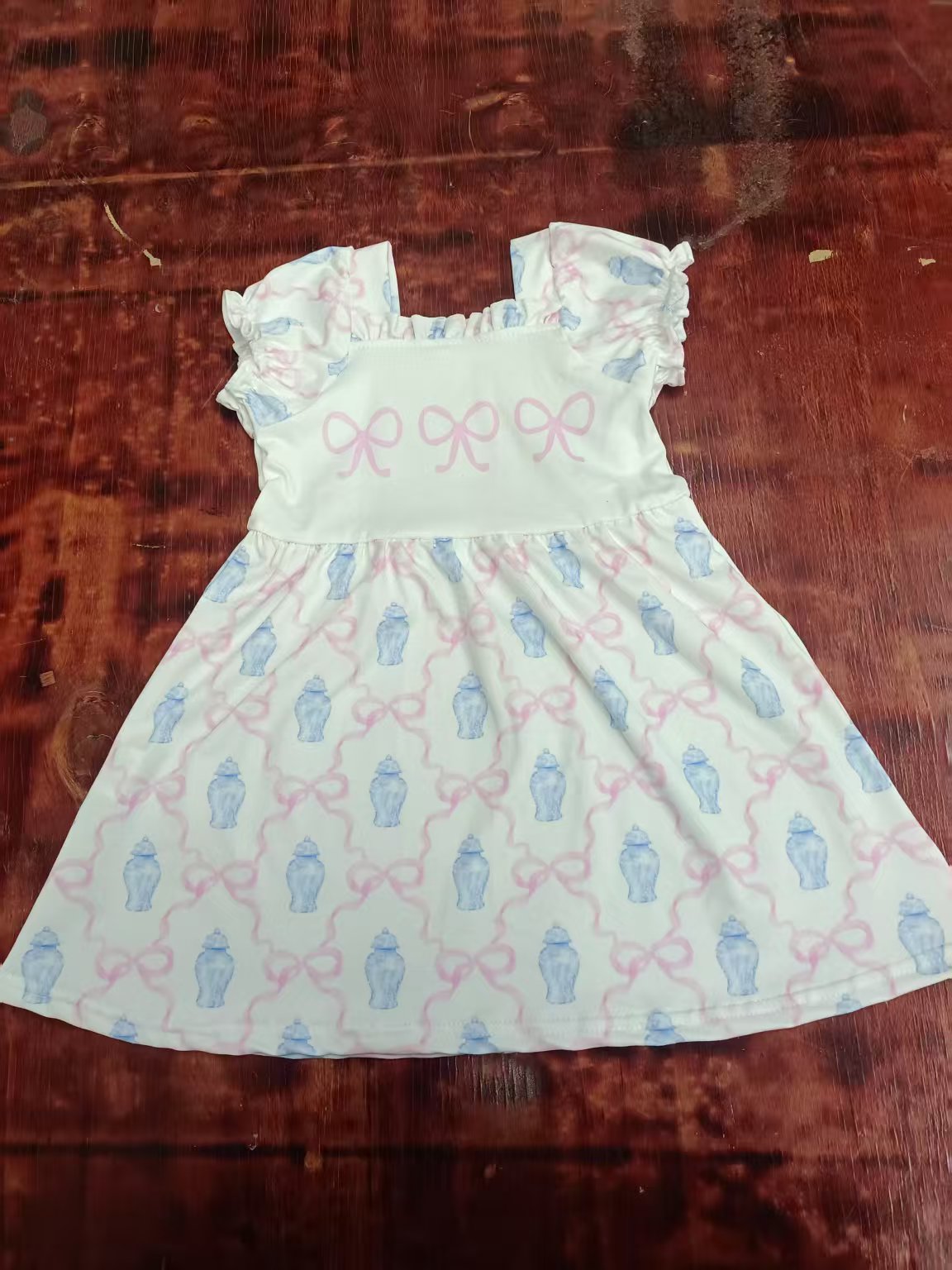 Preorder moq 5 Baby Girls Pink Short Ruffle Sleeves Bows Plaid Knee Length Dress