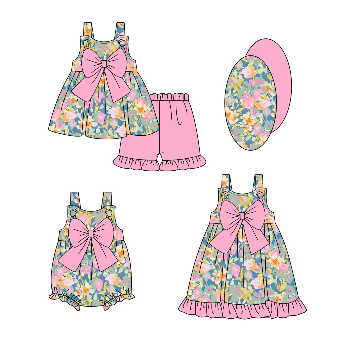 Preorder moq 5 Custom Baby Girls Strap Floral Bow Tunic Pink Ruffle Short Sets Knee Length Dress Rompers