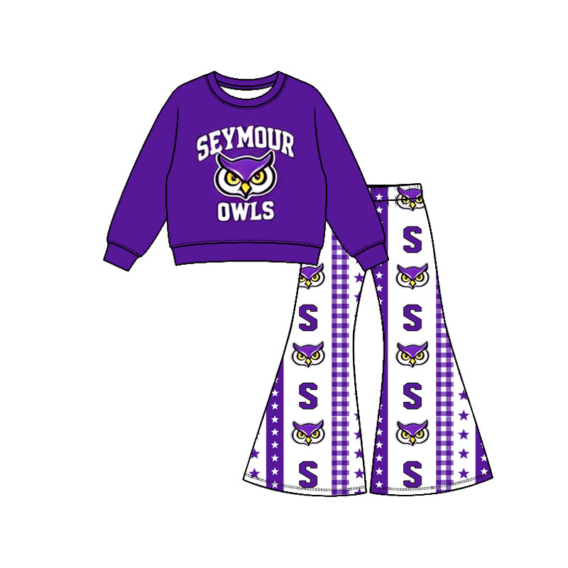 Preorder (moq 5) Girls Owls Football Team Long Sleeve Shirts Bell Pants Boutique Outfits Clothes Sets