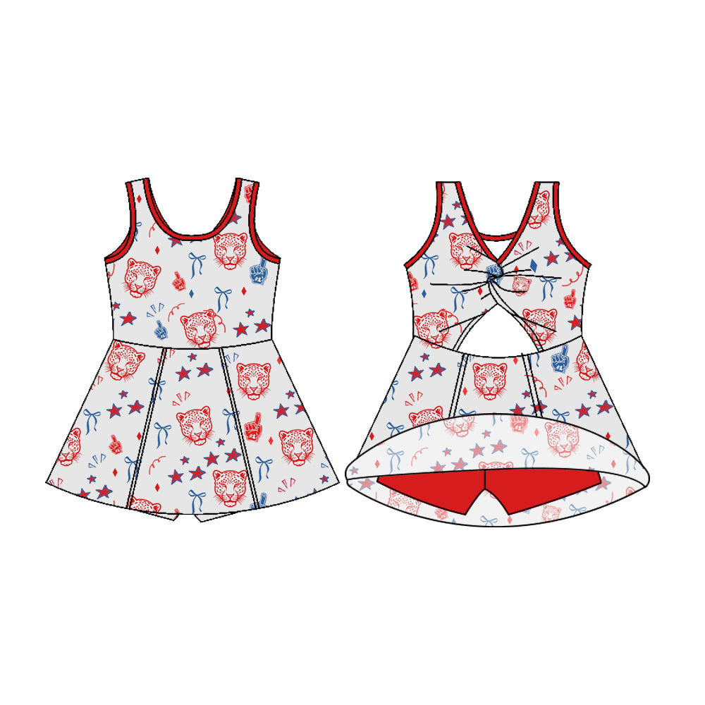 Preorder (moq 5)Baby Girls Sleeveless Grey Leopard Bows Shorts Team Dresses