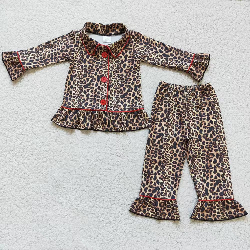 Sibling Baby Girls Western Horses Cows Print Leopard Button Top Ruffle Pants Pajamas Sets