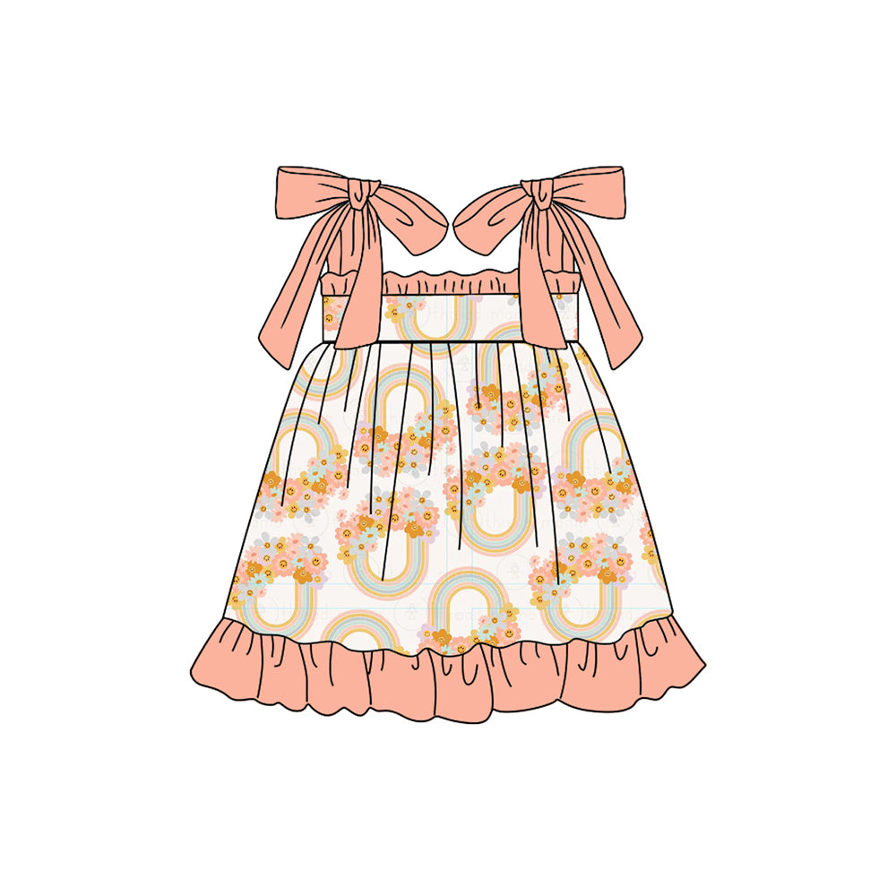 Preorder (moq 5)Baby Girls Pink Rainbow Flowers Straps Knee Length Dresses