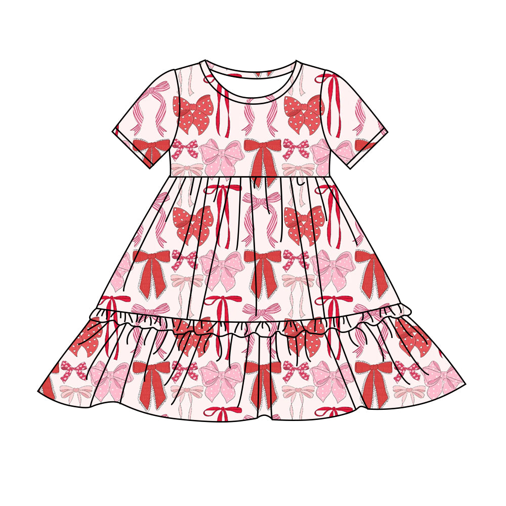Preorder (moq 5)Baby Girls Valentines Red Bows Knee Length Dresses