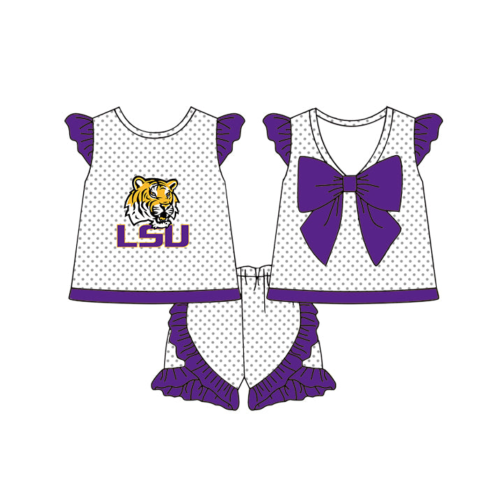 Preorder (moq 5)Baby Girls LSU Tigers Polka Dots Back Bow Tunic Ruffle Shorts Team Clothes Sets