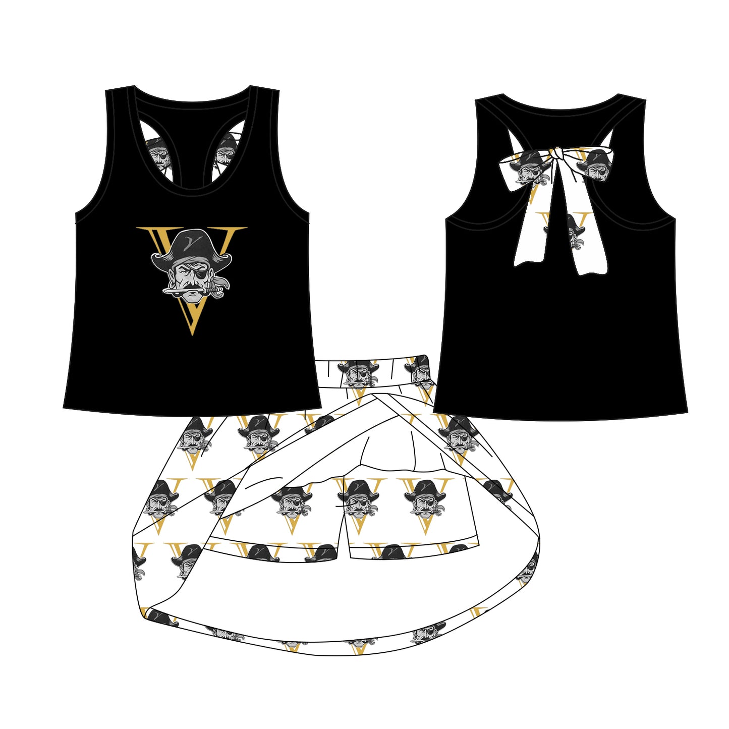 Preorder (moq 5)Baby Girls V Black bow vest team Top Skirt Skort Sets