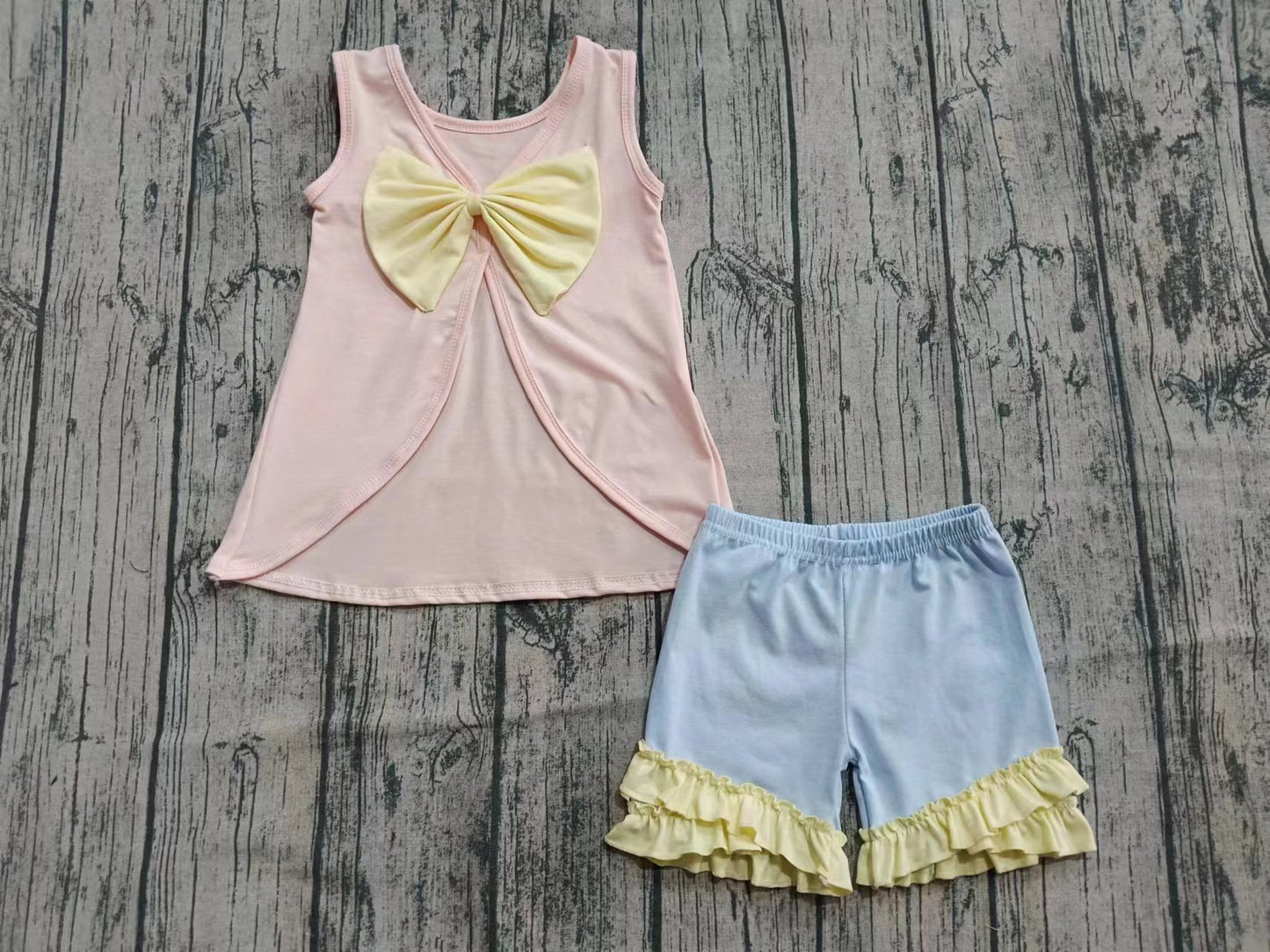 Preorder (moq 5)Baby Girls Light Pink Sleeveless Bow Shirt Top Ruffle Shorts Set