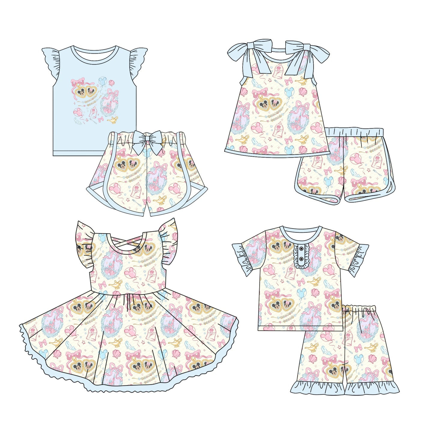 Preorder moq 5 Custom Baby Girls Pink Bows Cartoon Mouse Top Short Sets Knee Length Dresses