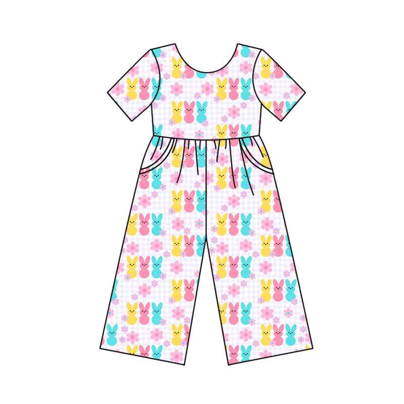Preorder (moq 5)Baby Girls Easter Rabbits Flowers Pockets Jumpsuits