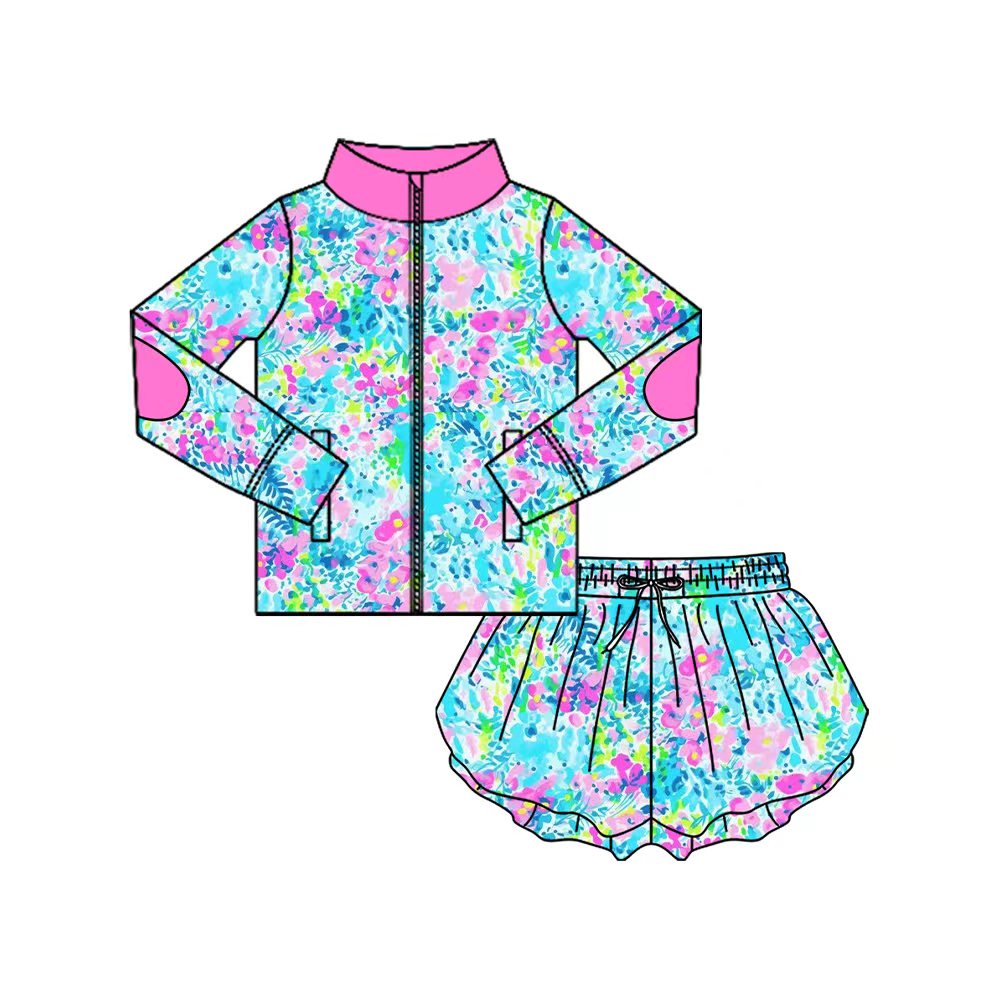 Preorder (moq 5)Baby Girls Long Sleeve Blue Pink Flowers Zip Top Shorts Clothes Sets