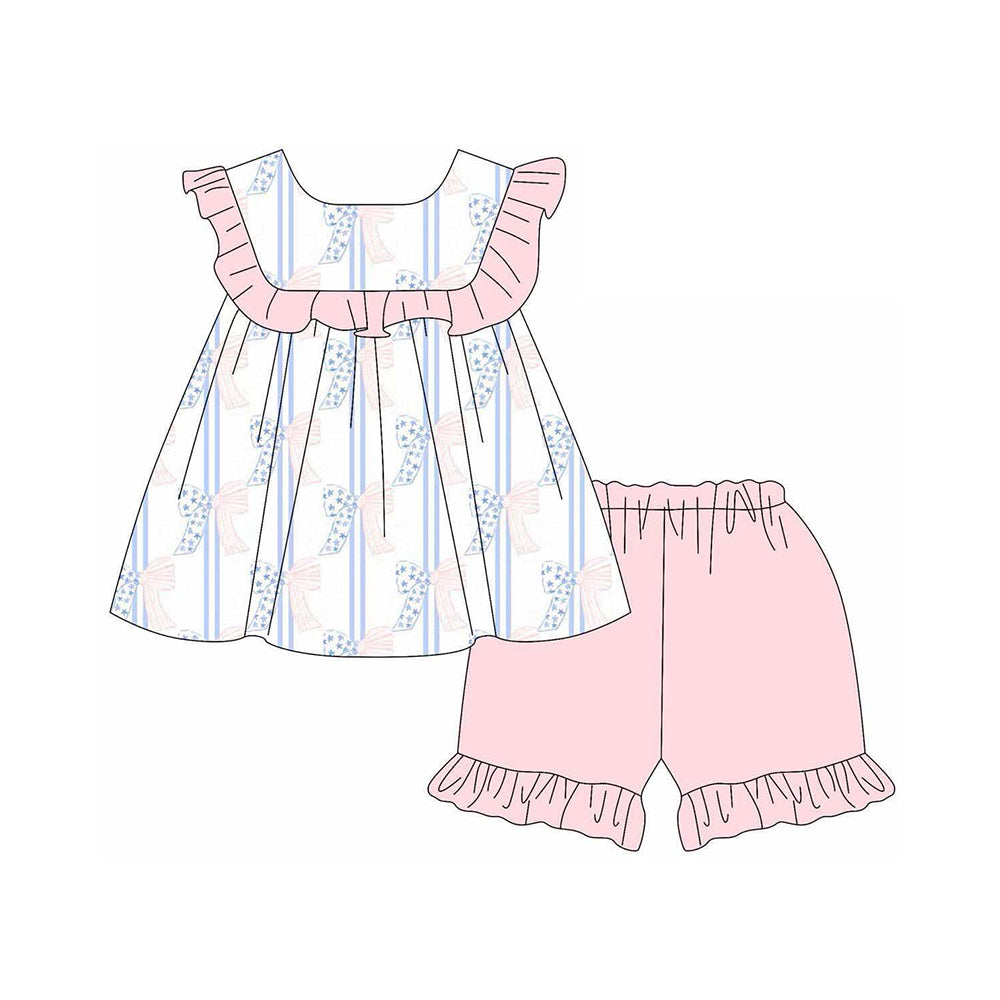 Preorder (moq 5)Baby Girls Pink Bows Tunic Ruffle Shorts Clothes Sets
